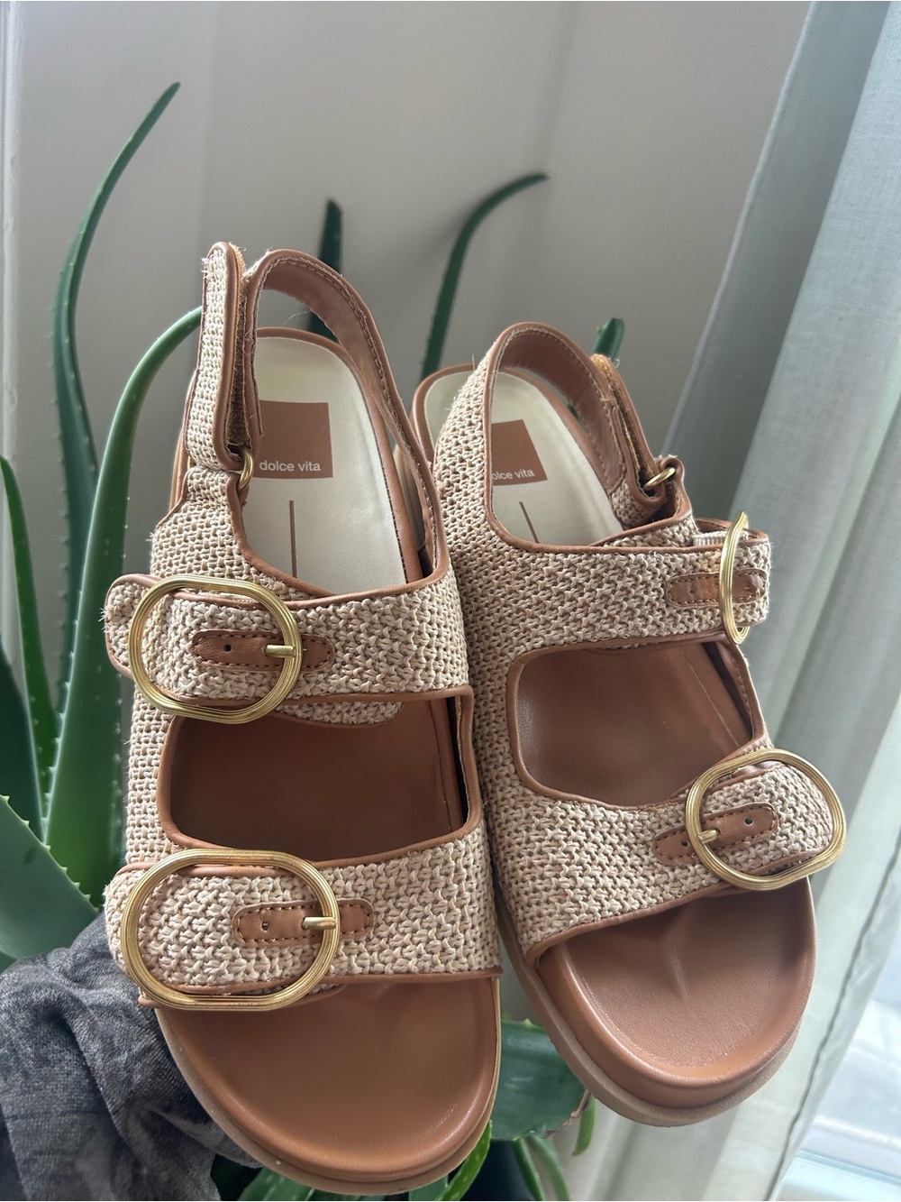Dolce Vita Tan Woven Buckle Sandals with Gold Hardware